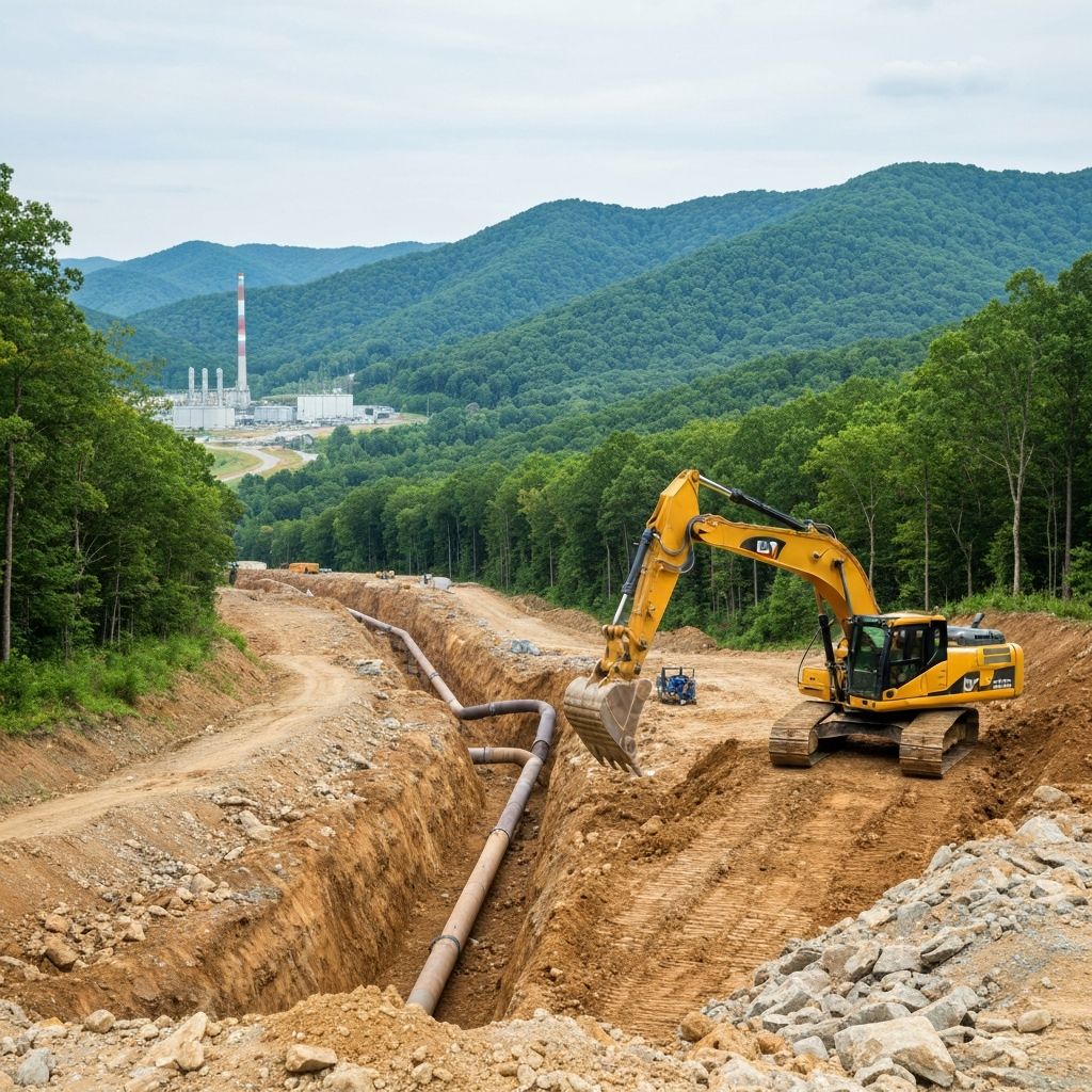 Excavator digging pipeline for power plant in rural West Virginia